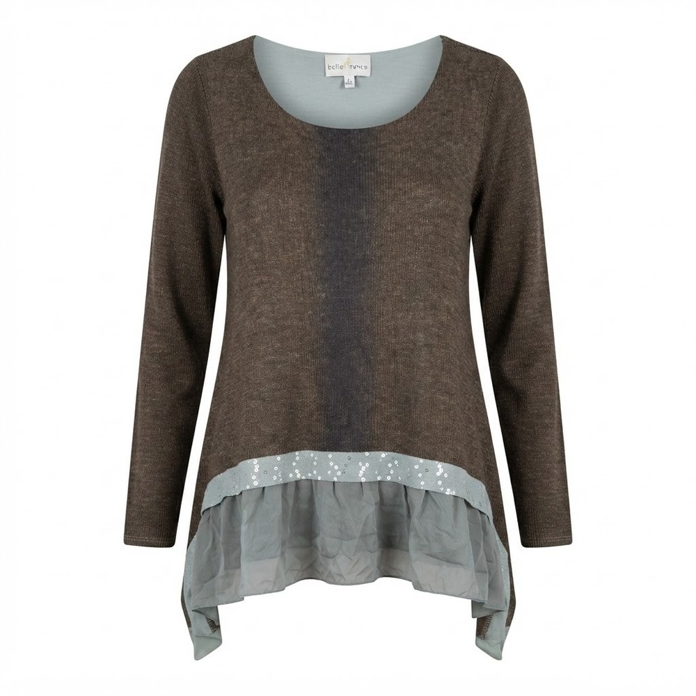 Belle France Italy Mohair Silk Blend Sequin Ruffle Tunic‎ Top Gray Brown Large